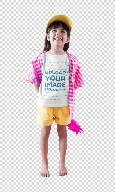 Transparent Smiling Girl Wearing a Tshirt Mockup in a  Fuchsia and White Room