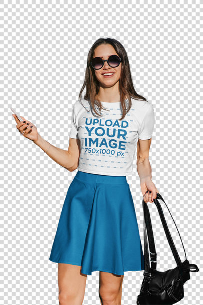 Transparent Crop Top Mockup Featuring a Woman Posing Against a Big City Setting