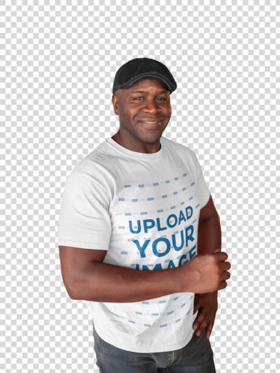 Transparent T-Shirt Mockup of a Happy Man Wearing a Beret