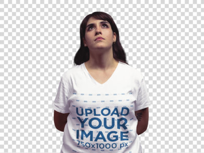 Transparent V-Neck T-Shirt Mockup Featuring a Woman Looking Up a12085