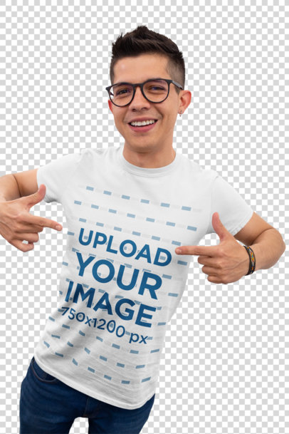 Transparent Mockup of a Young Happy Customer Pointing at His T-Shirt