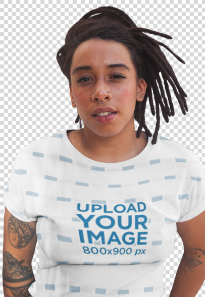 Transparent T-Shirt Mockup of a Tattooed Woman with Freckles and Locs