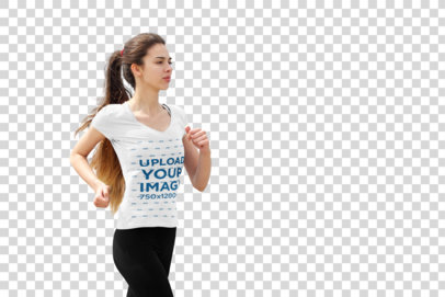 Transparent V-Neck Tee Mockup Featuring a Female Jogger 34801-r-el2