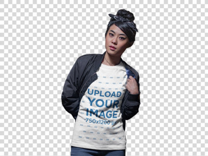 Transparent Asian Woman Wearing a Tshirt Mockup While on the Street at Night