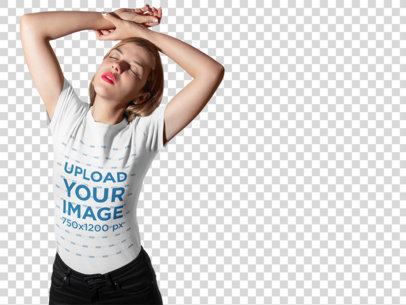Transparent Round-Neck Tee Mockup of a Woman Posing with Her Arms Up 18595