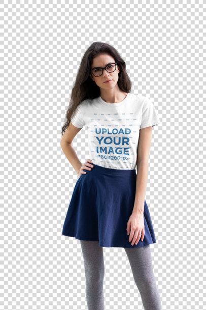 Transparent Round-Neck T-Shirt Mockup of a Woman with Glasses Posing with a Skirt 18269