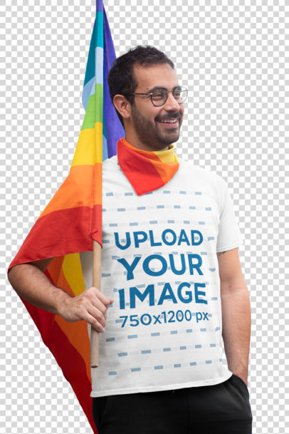 Transparent T-Shirt Mockup of a Man Carrying an LGBTQ Pride Flag