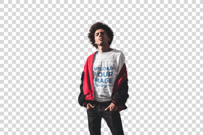 Transparent Dude with Afro Wearing a T-Shirt Mockup at the Corner 