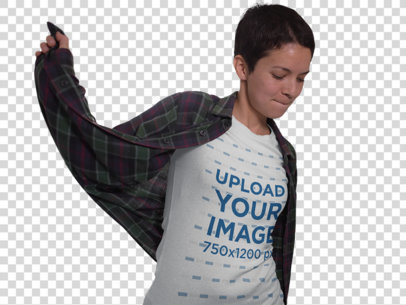 Transparent T-Shirt Mockup Featuring a Woman with Short Hair Wearing an Overshirt a12215
