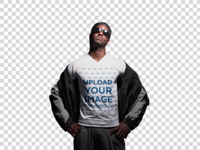 Transparent V-Neck Tee Mockup of an Urban Guy at a Basketball Court