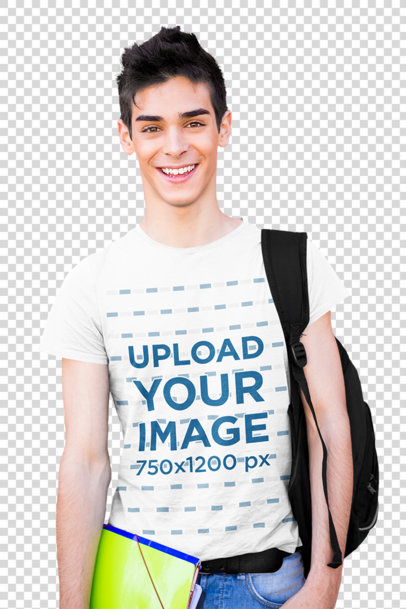 Transparent T-Shirt Mockup of a Young Man Ready to School