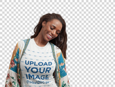 Transparent Mockup of a Happy Woman Wearing a T-Shirt at Home