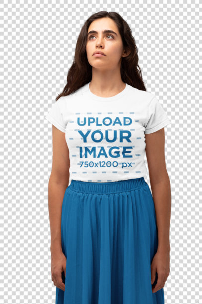 Transparent Monochromatic T-Shirt Mockup Featuring a Woman Looking Up 