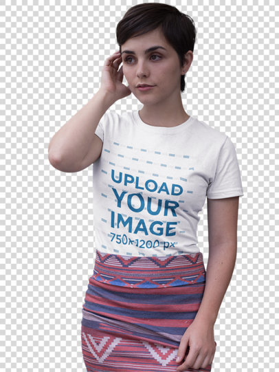 Transparent Short Haired Woman Wearing a Round Neck Tee Mockup Standing Against Plants