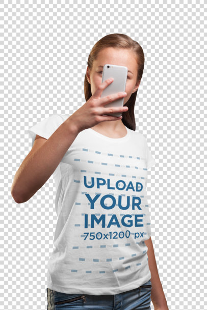 Transparent T-Shirt Mockup of a Woman Taking a Mirror Selfie
