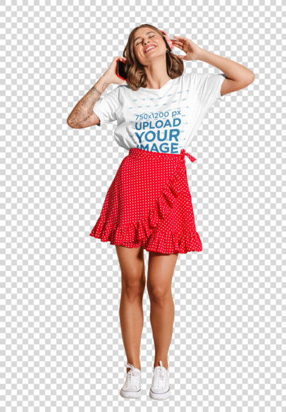 Transparent T-Shirt Mockup of a Happy Woman Listening to Music Against a Colored Backdrop