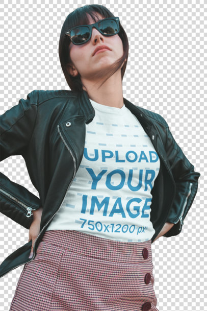 Transparent T-Shirt Mockup of a Woman with Dark Sunglasses and a Leather Jacket 19627