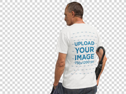 Transparent Back of an Elder Man Wearing a T-Shirt Mockup Carrying an Umbrella