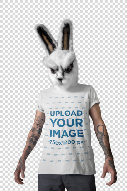 Transparent T-Shirt Mockup of a Tattooed Man Wearing a Horror Bunny Mask 22951