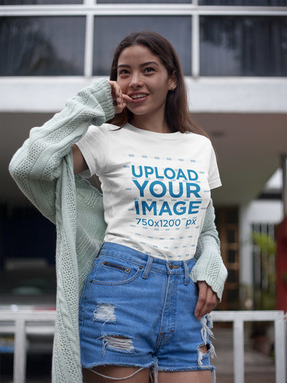Cute Woman Wearing a T-Shirt Mockup While Outside her House