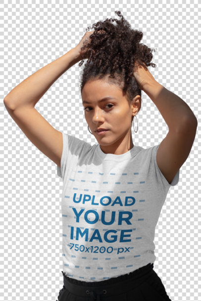 Transparent T-Shirt Mockup Featuring a Beautiful Young Woman Playing with Her Hair
