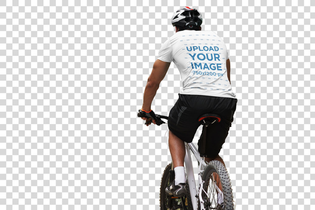 Transparent Back-View T-Shirt Mockup of a Man Riding His Bike