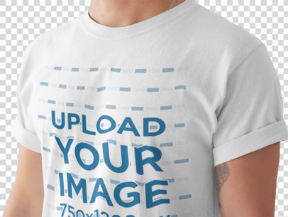 Transparent Angled Closeup of a T-Shirt Mockup Being Worn by a White Man