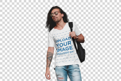 Transparent V-Neck T-Shirt Mockup of a Man with Arm Tattoos and Sunglasses 34143-r-el2