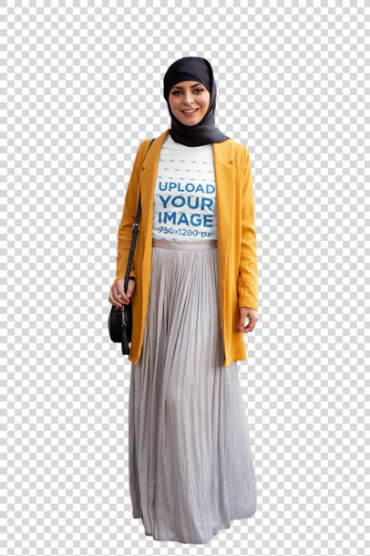 Transparent T-Shirt Mockup of a Woman With a Hijab Walking in the City