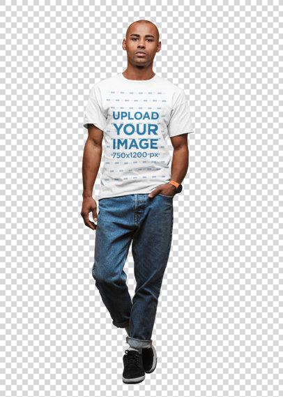 Transparent Mockup of a Serious Man Wearing a T-Shirt and Posing Against a Colored Backdrop