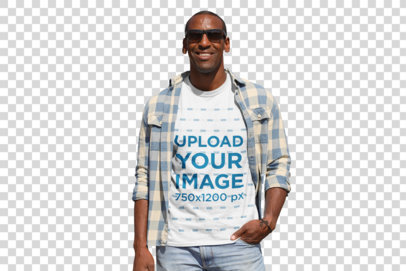 Transparent T-Shirt Mockup of a Truck Driver Posing in Front of Two Trucks 