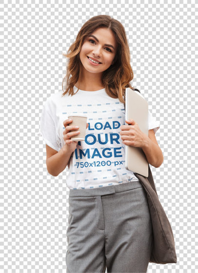 Transparent Tee Mockup of a Stylish Woman Holding a Laptop and a Beverage 39370-r-el2