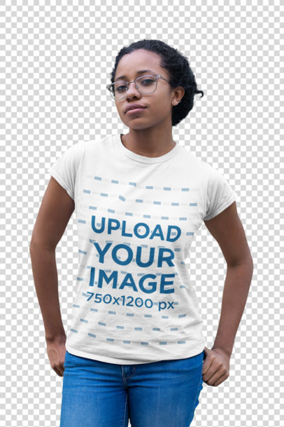 Transparent Round-Neck Tee Mockup of a Woman with Glasses 24100
