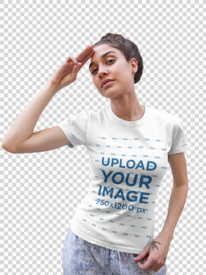 Transparent Round-Neck Tee Mockup Featuring a Woman Doing a Saluting Pose 25804