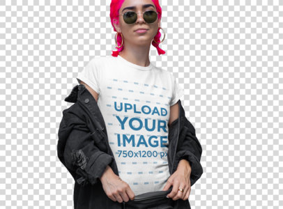 Transparent T-Shirt Mockup of a Woman With Pink Hair Posing by a Brick Wall