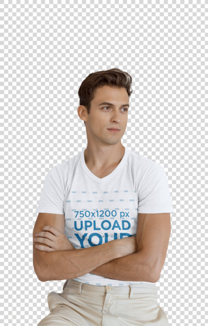 Transparent V-Neck T-Shirt Mockup of a Young Man Posing With His Arms Crossed 