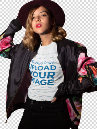 Transparent  T-Shirt Mockup Featuring a Woman Bomber Jacket