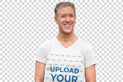 Transparent V-Neck T-Shirt Mockup of a White-Haired Man Smiling