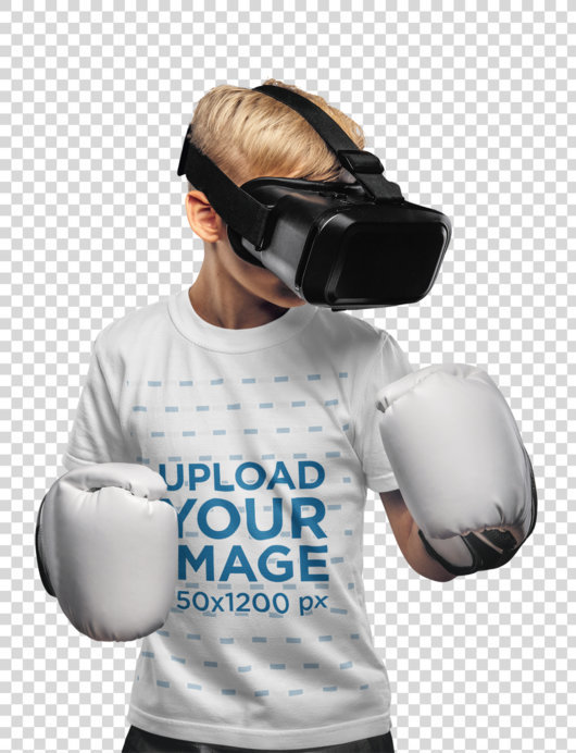 Transparent T-Shirt Mockup Featuring a Boy With a VR Headset and Boxing Gloves 