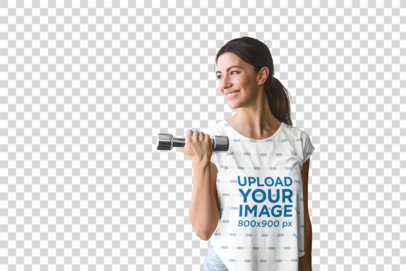 Transparent Mockup of a Woman Wearing a Sublimated T-Shirt at the Gym