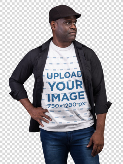 Transparent Tshirt Mockup Featuring a Senior Man Wearing a Casual Beret Hat and a Black Shirt