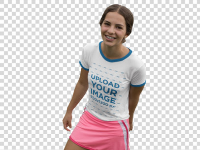 Transparent Smiling Woman Wearing a Pink Skirt and a Ringer T-Shirt Mockup while Outdoors
