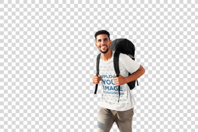 Transparent T-Shirt Mockup Featuring a Backpacker and the Sea in the Background