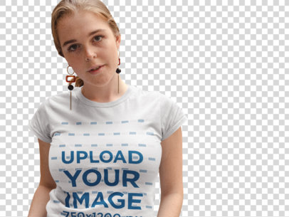 Transparent T-Shirt Mockup of a Woman with Freckles Outside a Church