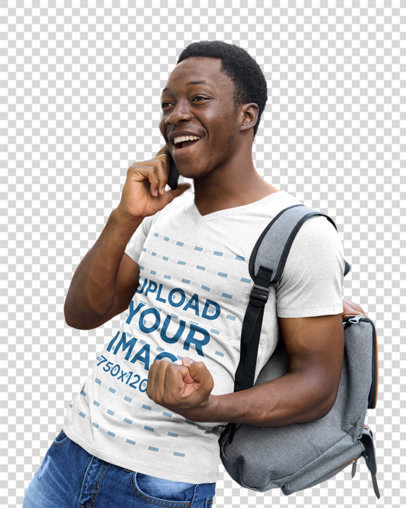 Transparent V-Neck T-Shirt Mockup Featuring an Excited Man on the Phone