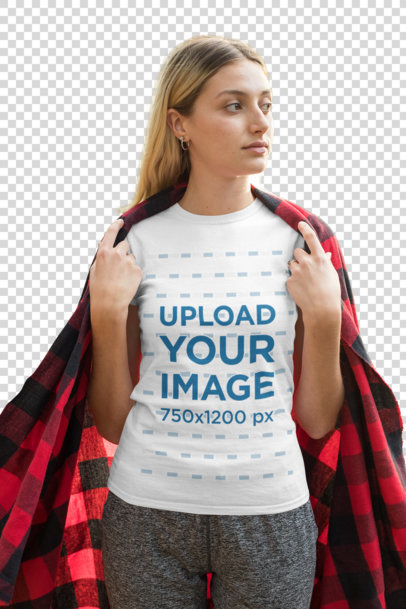 Transparent T-Shirt Mockup of a Young Woman Covering Her Back From the Cold