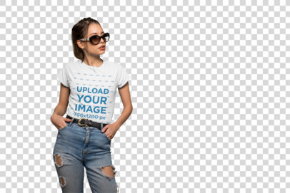 Transparent Mockup of a Cool Woman Wearing a Tee and Jeans Against a Stone Wall