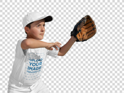 Transparent T-Shirt Mockup of a Kid with a Baseball Glove a16383