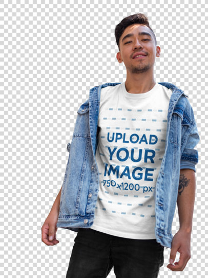 Transparent Asian Man Wearing a Tshirt Template While on a Bridge