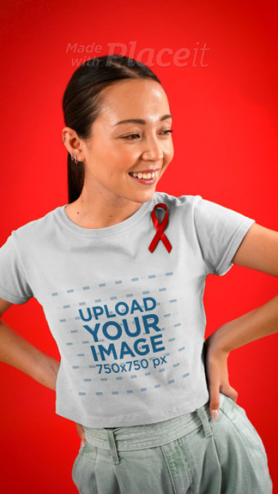Crop Top Video Featuring a Laughing Woman Wearing a Red Ribbon for AIDS Awareness 4154v